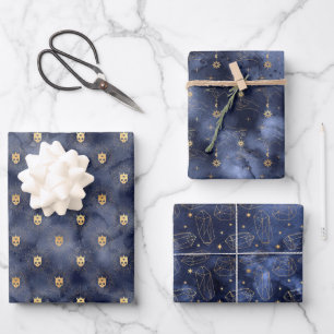 Celestial Skies Dark Navy and Gold Wrapping Paper