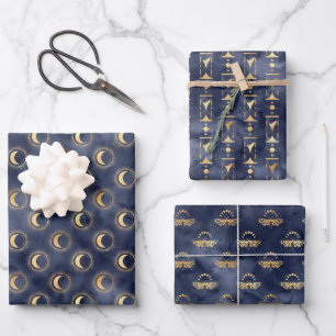 Celestial Skies Dark Navy and Gold Wrapping Paper