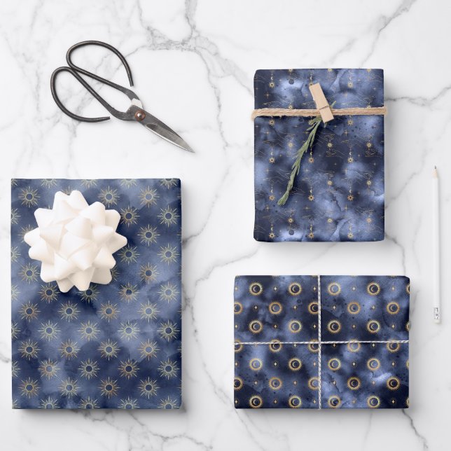 Celestial Skies Dark Navy and Gold Wrapping Paper Sheets (Front)
