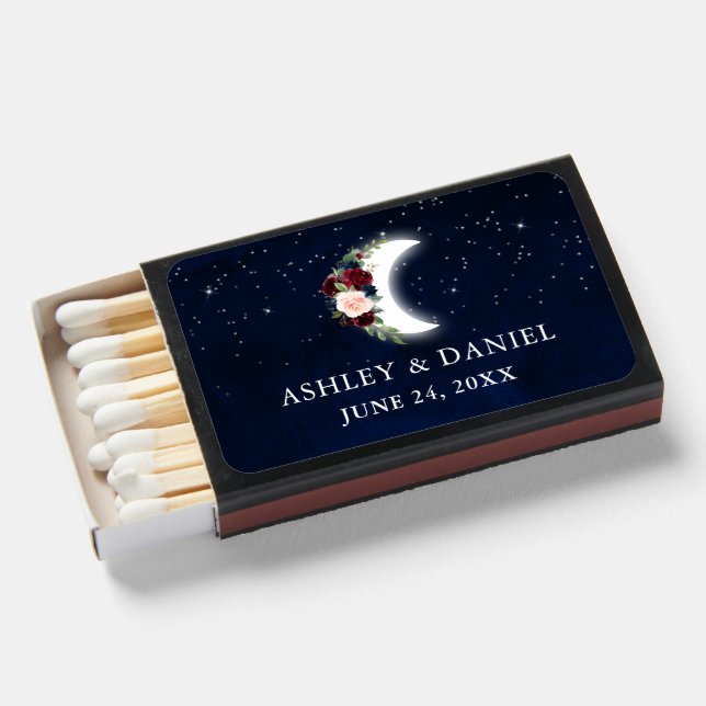 Celestial Sky Floral Moon Stars Wedding Blue Matchboxes (Front Open)