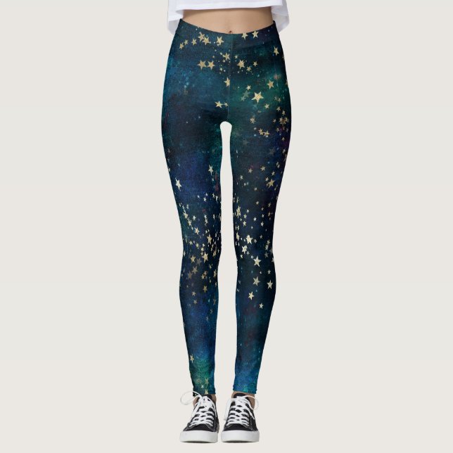 Celestial Sky Gold Stars Leggings (Front)