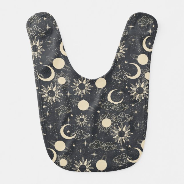 celestial space sun moon galaxy planet beige baby bib (Front)