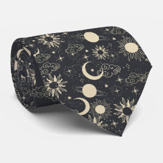 celestial space sun moon galaxy planet beige neck tie