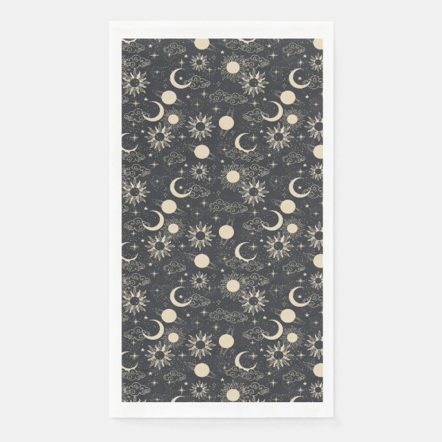 celestial space sun moon galaxy planet beige paper guest towels (Front)
