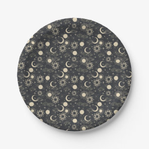 celestial space sun moon galaxy planet beige paper plates