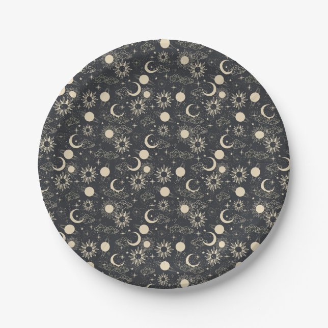 celestial space sun moon galaxy planet beige paper plates (Front)