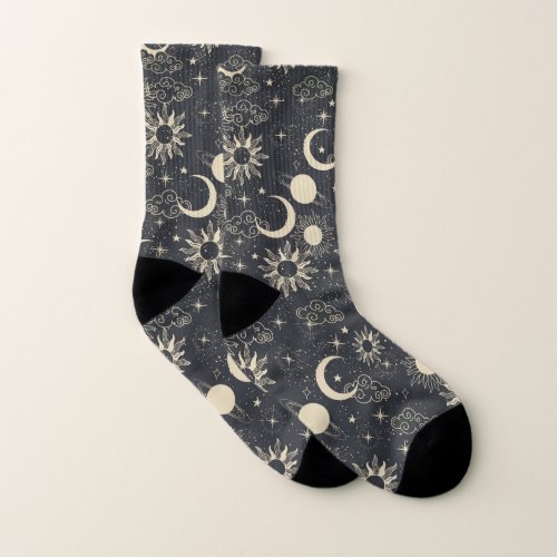 celestial space sun moon galaxy planet beige socks
