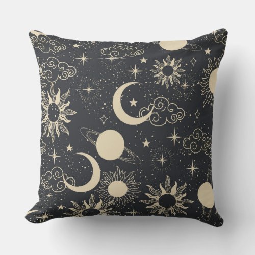 celestial space sun moon galaxy planet beige throw pillow
