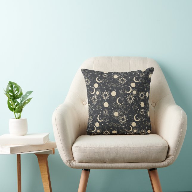 celestial space sun moon galaxy planet beige throw pillow (Chair)