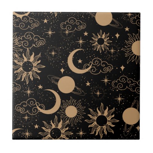 celestial space sun moon galaxy planet brown ceramic tile
