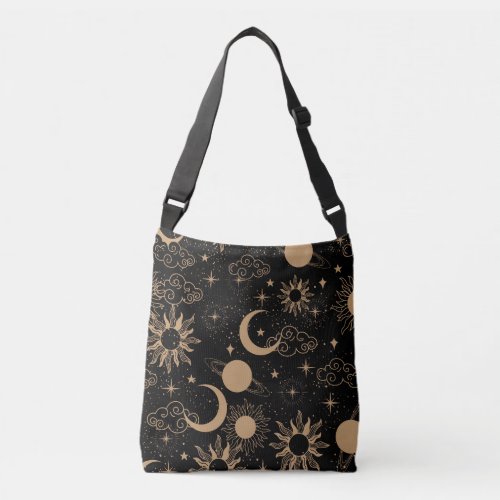 celestial space sun moon galaxy planet brown crossbody bag