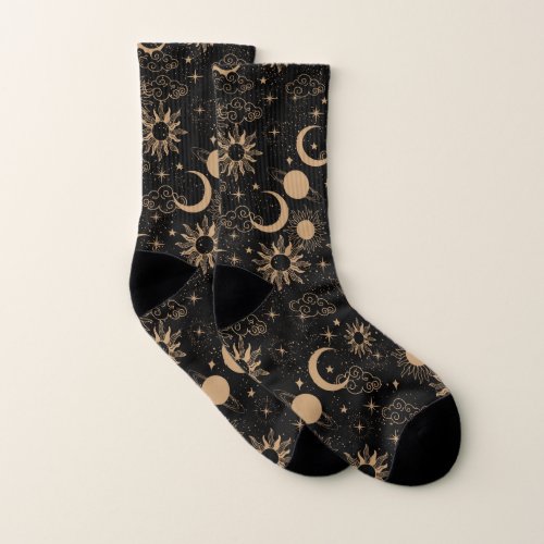 celestial space sun moon galaxy planet brown socks