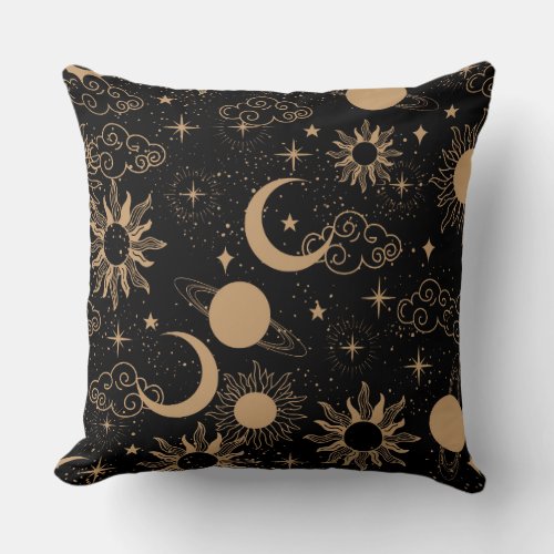 celestial space sun moon galaxy planet brown throw pillow