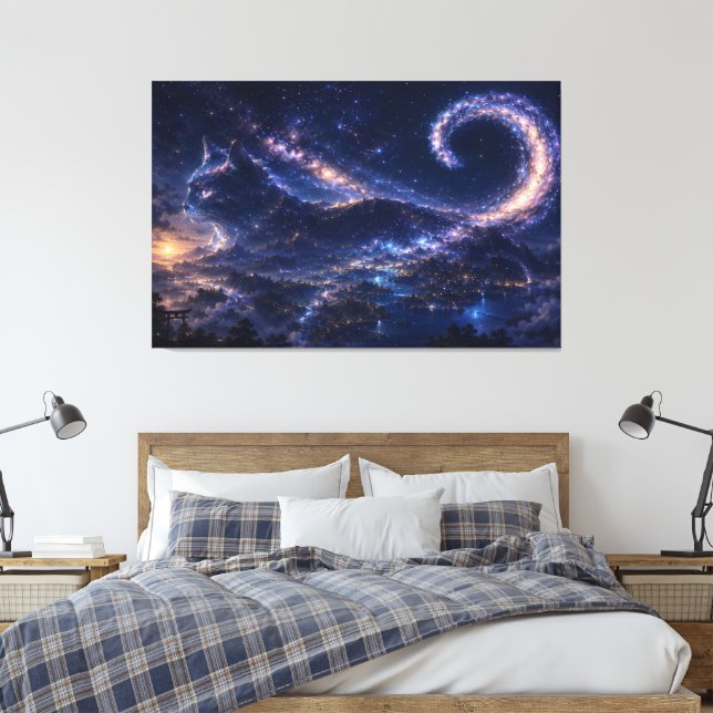 Celestial Spirit Cat Beneath the Galaxy Moon Canvas Print (Insitu(Bedroom))