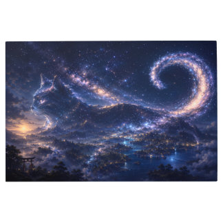 Celestial Spirit Cat Beneath the Galaxy Moon Metal Print