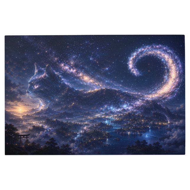 Celestial Spirit Cat Beneath the Galaxy Moon Metal Print (Front)