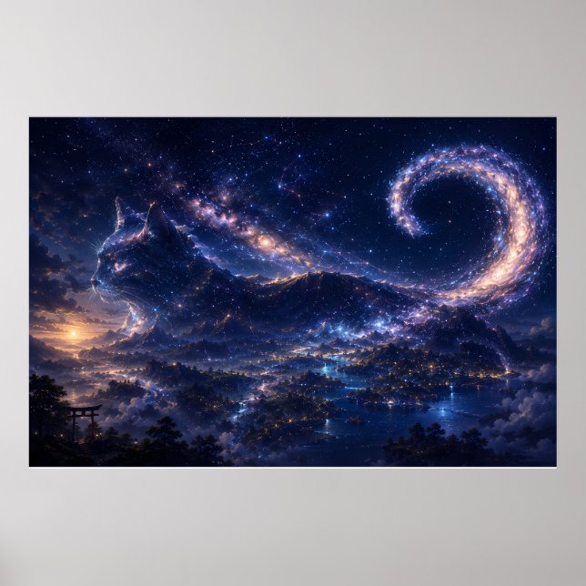 Celestial Spirit Cat Beneath the Galaxy Moon Poster (Front)
