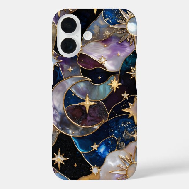 Celestial StainedGlass iPhone Case Moon Stars Gold (Back)