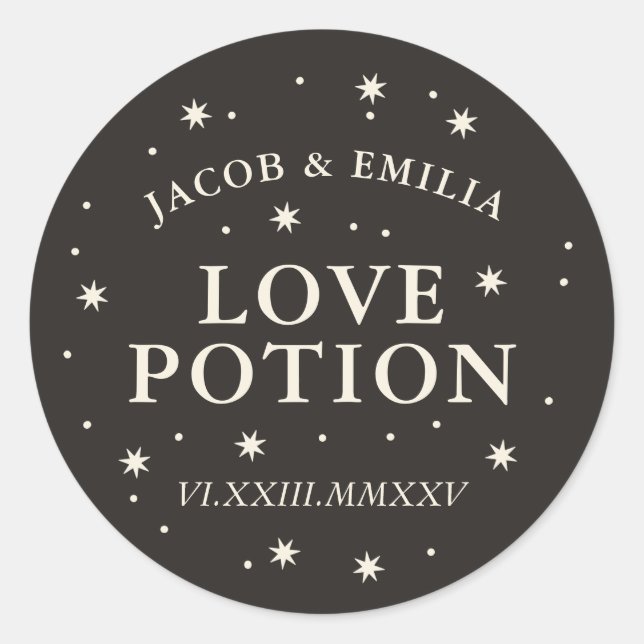 Celestial star love potion wedding cocktail favor  classic round sticker (Front)