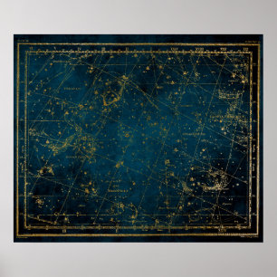 Celestial star map constellation blue gold galaxy poster