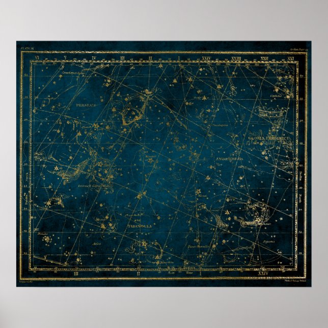 Celestial star map constellation blue gold galaxy  poster (Front)