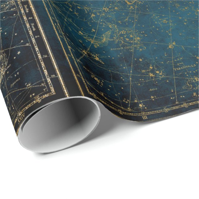 Celestial star map constellation blue gold galaxy wrapping paper (Roll Corner)