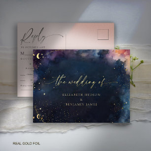 Celestial Star Midnight Blue Wedding Gold Reply Foil Invitation Postcard