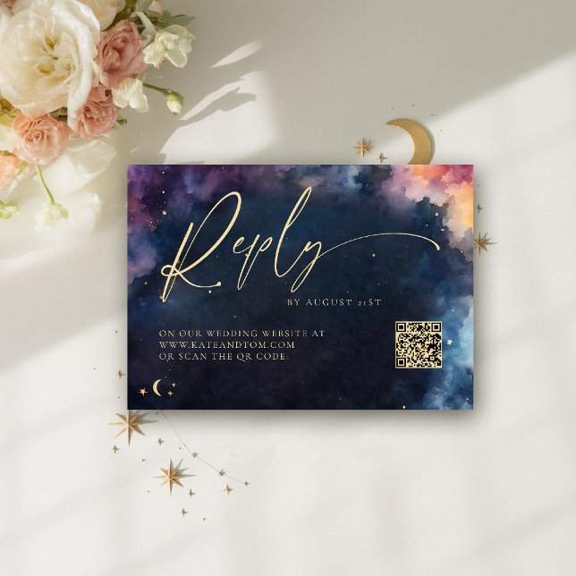 Celestial Star Midnight Blue Wedding QR Reply Card (celestial wedding rsvp card qr code cosmic watercolor starry night sky galaxy universe navy blue )