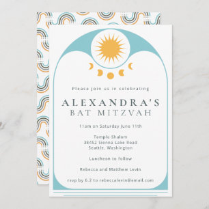 Celestial Star Sun Yellow Blue Modern Bat Mitzvah Invitation