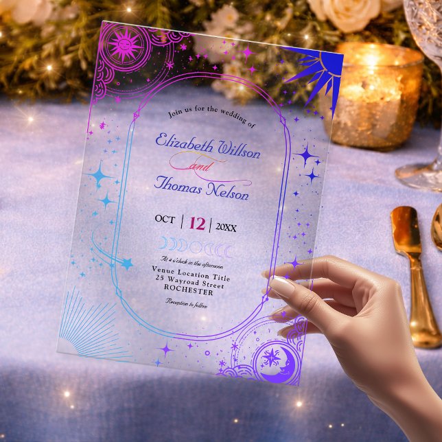 Celestial starry blue purple sun and moon wedding acrylic invitations (Creator Uploaded)