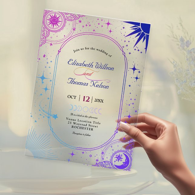 Celestial starry blue purple sun and moon wedding acrylic invitations (Creator Uploaded)