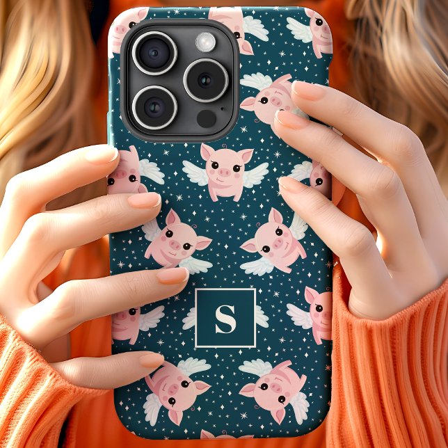 Celestial Starry Flying Pigs Monogrammed Iphone Case (Creator Uploaded)