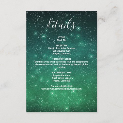 Celestial Starry Green Night Sky Wedding Details Enclosure Card