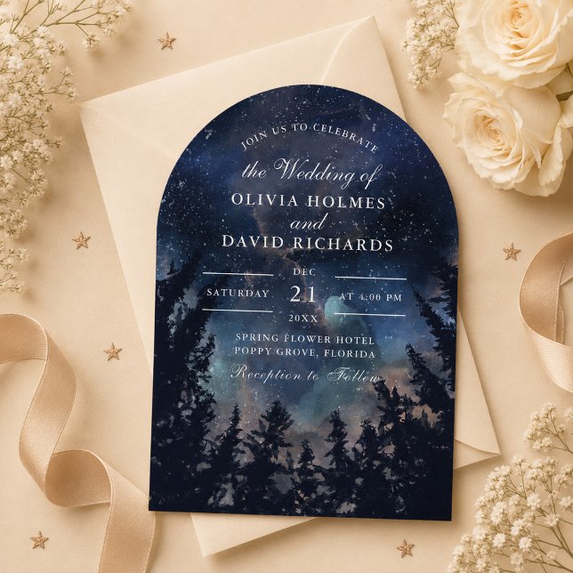 Celestial Starry Night Arch Wedding Invitation (Celestial Starry Night Arch Wedding Invitation on an elegant celestial wedding table)