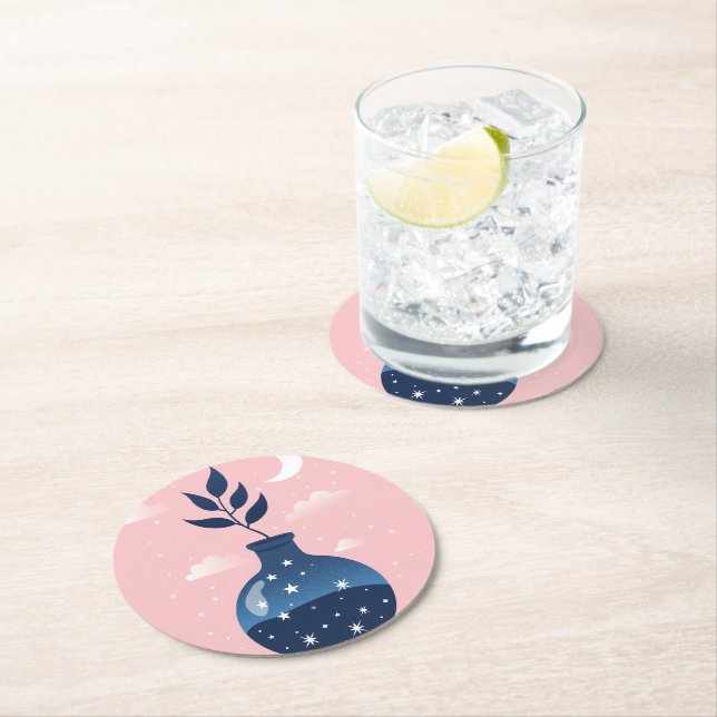 Celestial Starry Night Blossom Round Paper Coaster (Insitu)