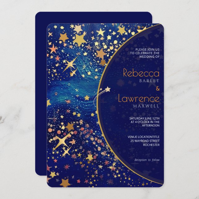 Celestial starry night blue wedding invitation (Front/Back)
