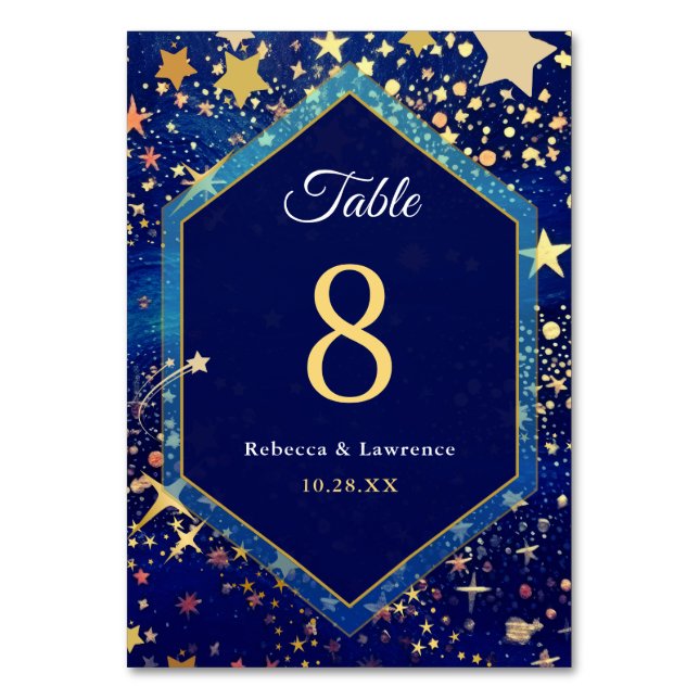 Celestial starry night blue wedding table number (Front)