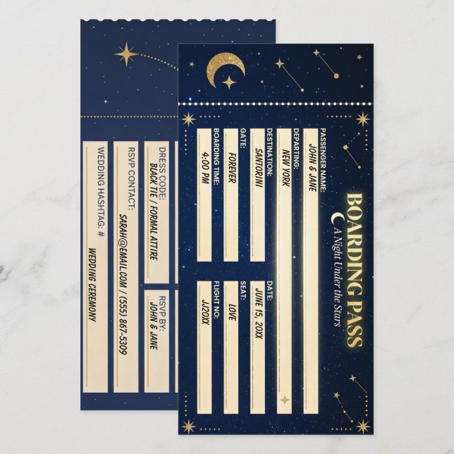 Celestial Starry Night Boarding Pass Wedding Invit Save The Date (Front/Back)