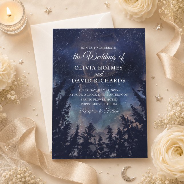 Celestial Starry Night Forest Wedding Invitation (Celestial Starry Night Forest Wedding Invitation on an elegant celestial wedding table)
