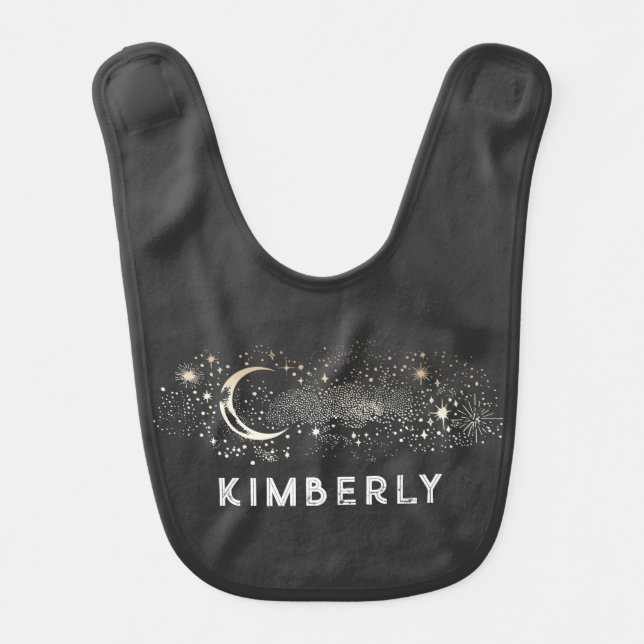 Celestial Starry Night Moon and Stars Black Baby Bib (Front)