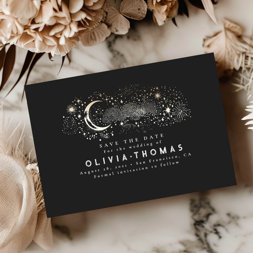 Celestial Starry Night Moon Black Save the Date