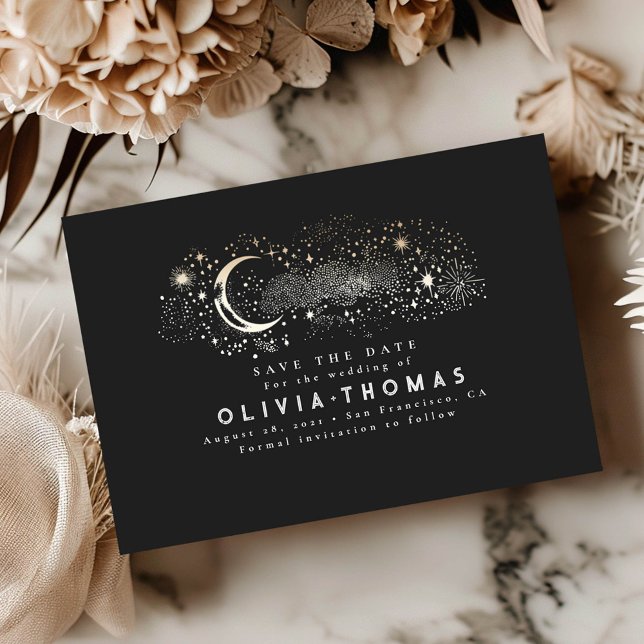Celestial Starry Night Moon Black Save the Date (Save the Date Celestial Card)