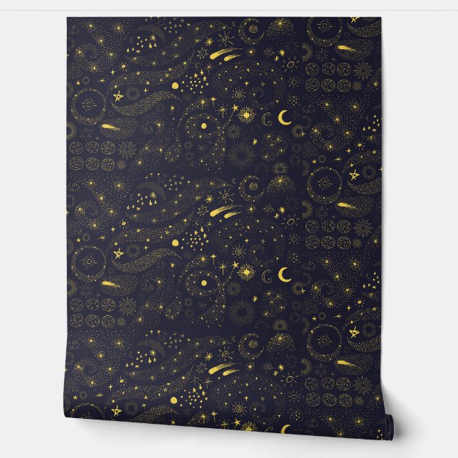 Celestial starry night moon star cute blue yellow  wallpaper  (Unrolling)