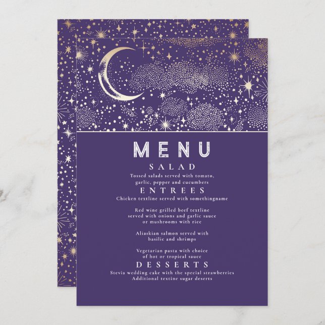 Celestial Starry Night Moon Wedding Menu Invitation (Front/Back)