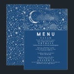 Celestial Starry Night Moon Wedding Menu Invitation<br><div class="desc">Starry night and crescent moon navy blue and silver wedding menu cards</div>