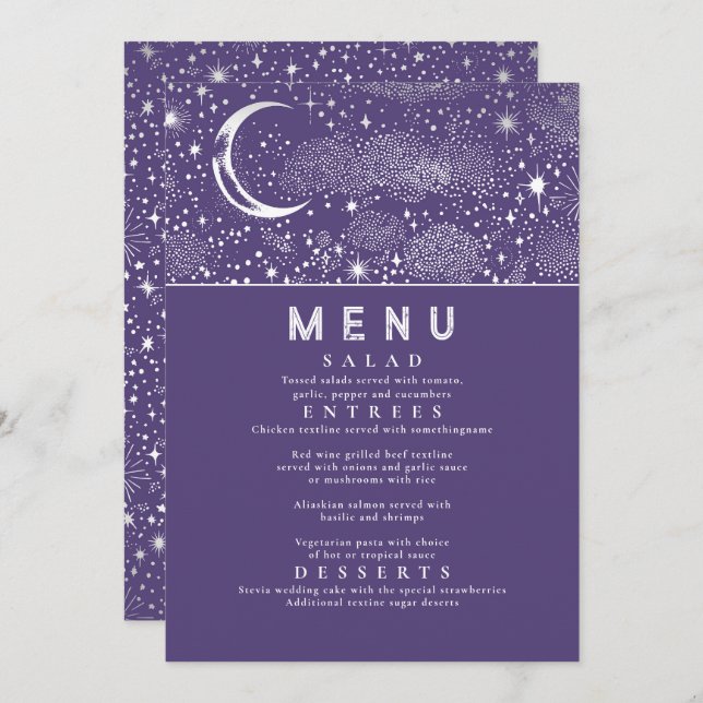 Celestial Starry Night Moon Wedding Menu Invitation (Front/Back)