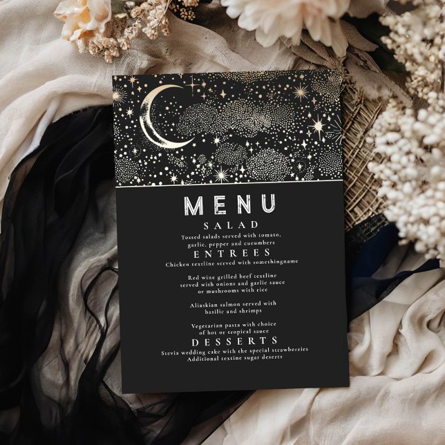 Celestial Starry Night Moon Wedding Menu Invitation (Celestial Black Menu Cards)