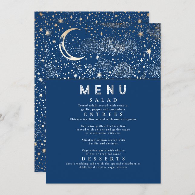 Celestial Starry Night Moon Wedding Menu Invitation (Front/Back)