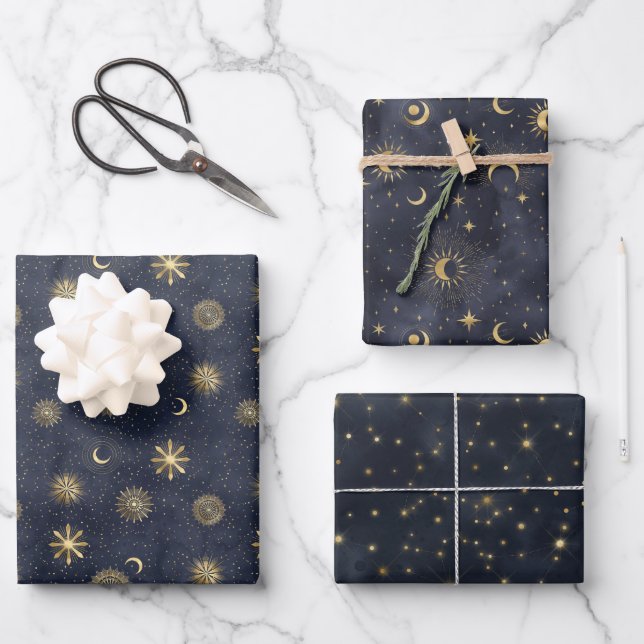 Celestial starry night sky wrapping paper sheets (Front)