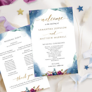 Celestial, Starry Night Watercolor Wedding Program